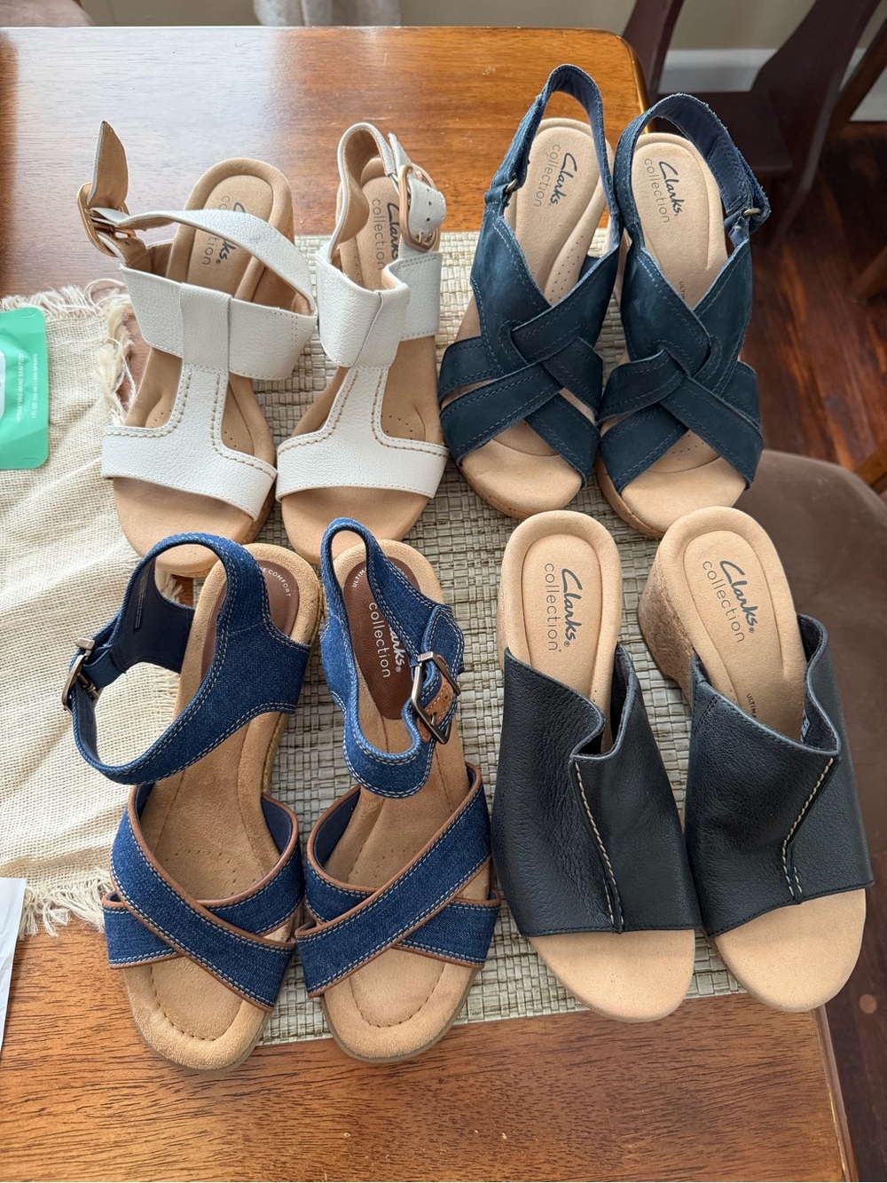 Clarks Women’s wedge Sandals Lot of 4 - White, Navy, Black, Denim size 6